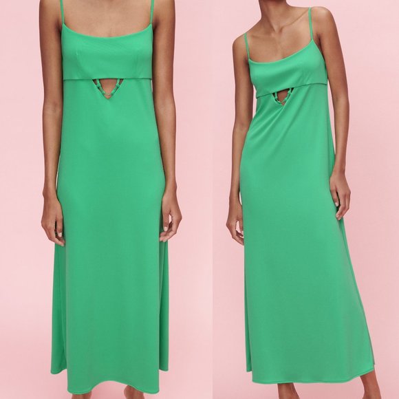 NEW Zara Stretch Knit Cutout Detail Long Maxi Slip Dress Size L Emerald Green - Picture 8 of 11